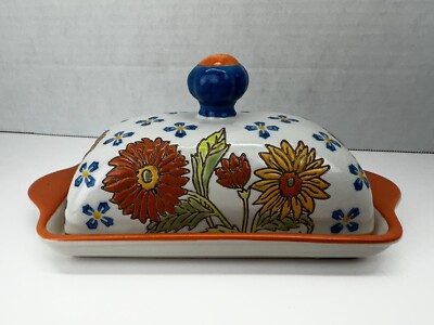 Artistic Accents Hand Painted Ceramic Cottage Crazy Daisy Butter Dish EUC