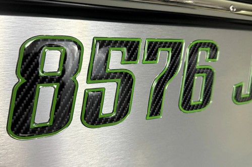 Boat Registration Stickers - Domed Carbon Fiber Numbers with Green Trim - Picture 4 of 6