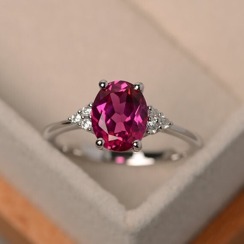 2.15 Ct Oval Cut Natural Ruby & Diamond Wedding Ring 14k White Gold Size 7 - Picture 3 of 7