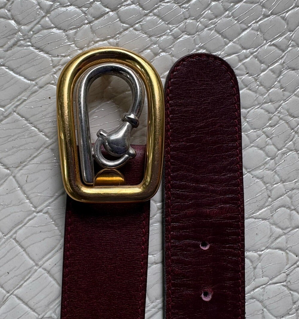 VTG Gucci Belt Belt Mens 38 Gold Silver Horse Bit Buckle