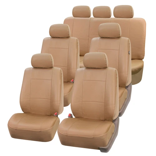 3 Row Faux Leather Car Seat Covers For Auto SUV Truck Tan Beige
