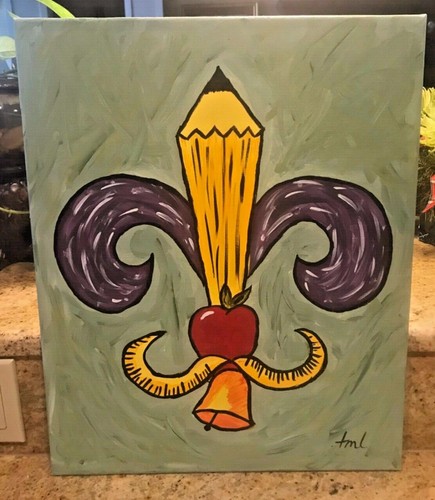 Teacher Gift Fleur de Lis Oil on Canvas Stretched 16" x 20" Ready to Hang - Picture 2 of 4