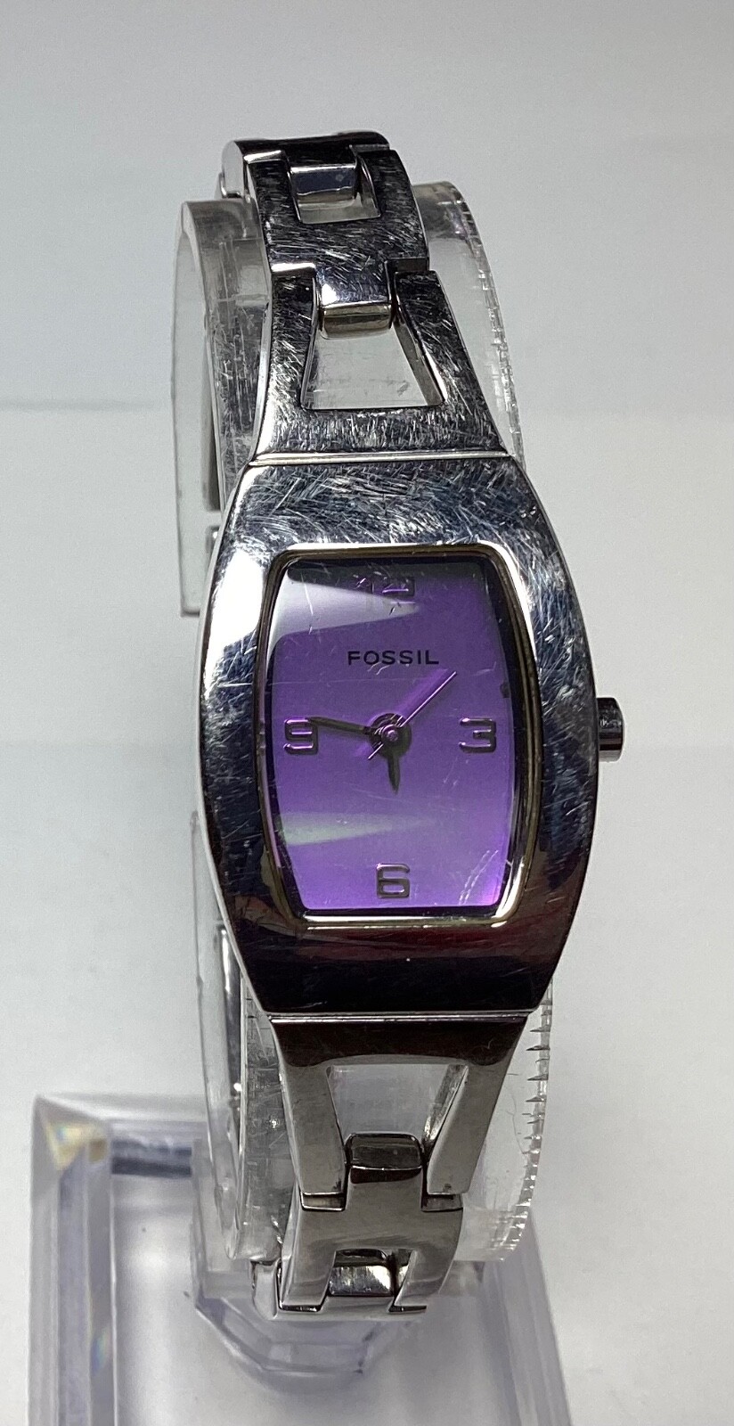 Fossil Silver Bangle Watch with Purple Dial ES9860 Fresh Battery  