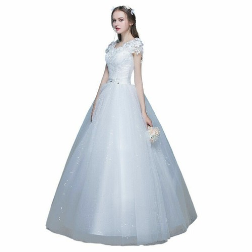 Womens Bride Maxi Wedding Dress Lace Prom Ball Gown Bridesmaid Princess - Picture 2 of 11