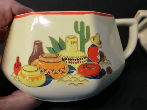 Homer Laughlin MEXICANA Red Band Cactus Pottery Creamer & Sugar Bowl with Lid - Picture 10 of 10