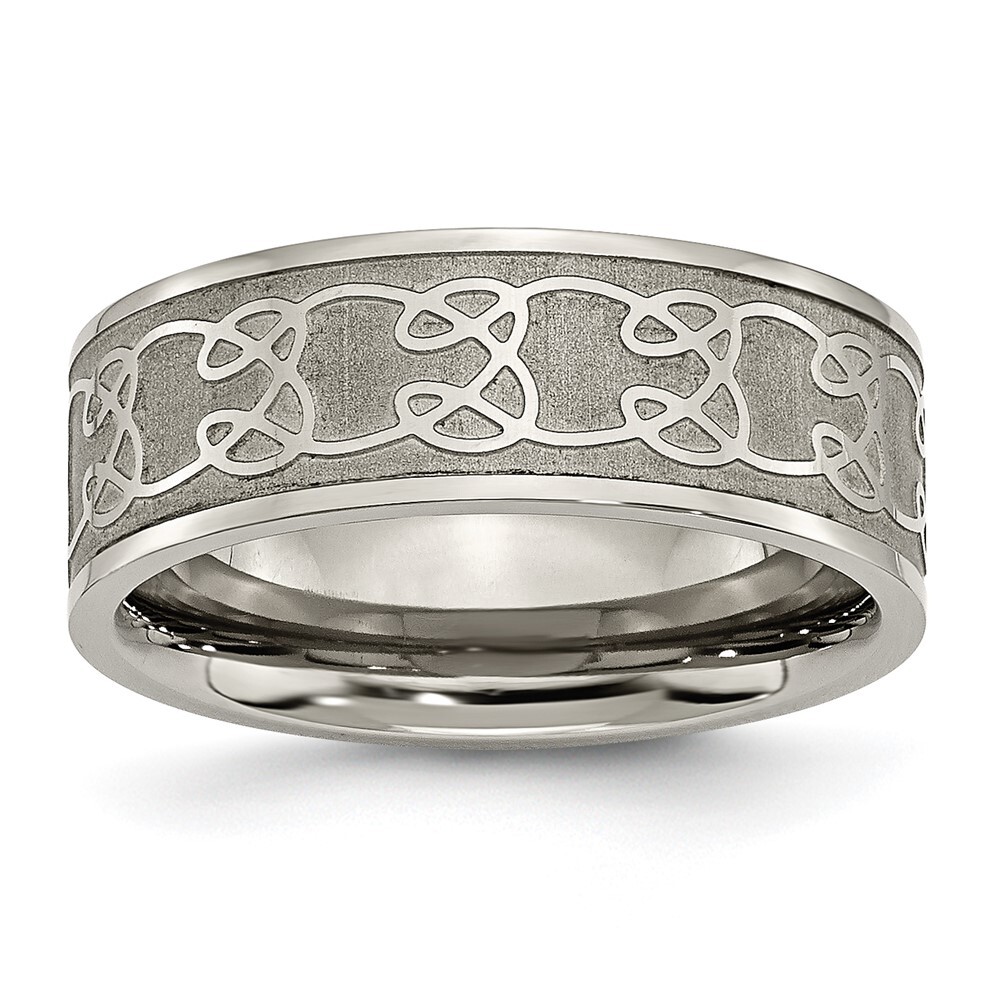 Titanium Brushed Center 8mm Scroll Design Band Ring Size 12 for Men 4.65gm