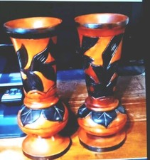 Carved From Wood Set Of 2 Pineapple Leaves Vases 10" Tall