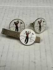 Pair of Vintage Swank White Enamel Golfer Cufflinks And Tie Bar Set