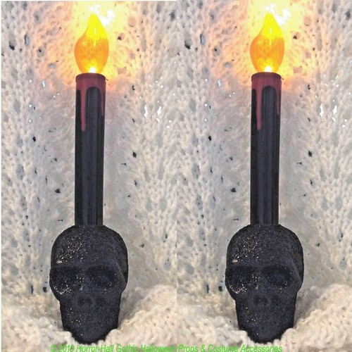 2-Gothic Black Glitter SKULL BASE LED CANDLES LAMPS Prop Decoration-FREE Battery - Picture 2 of 11