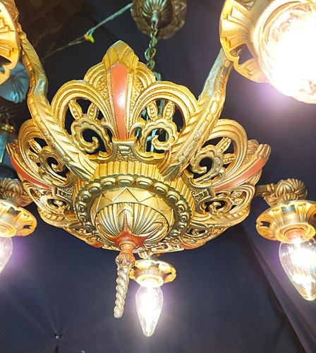 ANTIQUE ART NOUVEAU CAST IRON CEILING CHANDELIER LIGHT FIXTURE - Picture 8 of 10