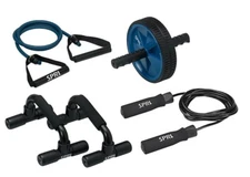 SPRI Home Gym Essentials Kit, Includes Jump Rope, Push-up Bars, Ab Wheel and Med