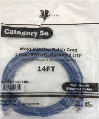 092-634/14BL ETHERNET CORD CAT5e Snagless Molded Patch Cable, 14 ft. (4.3 meter