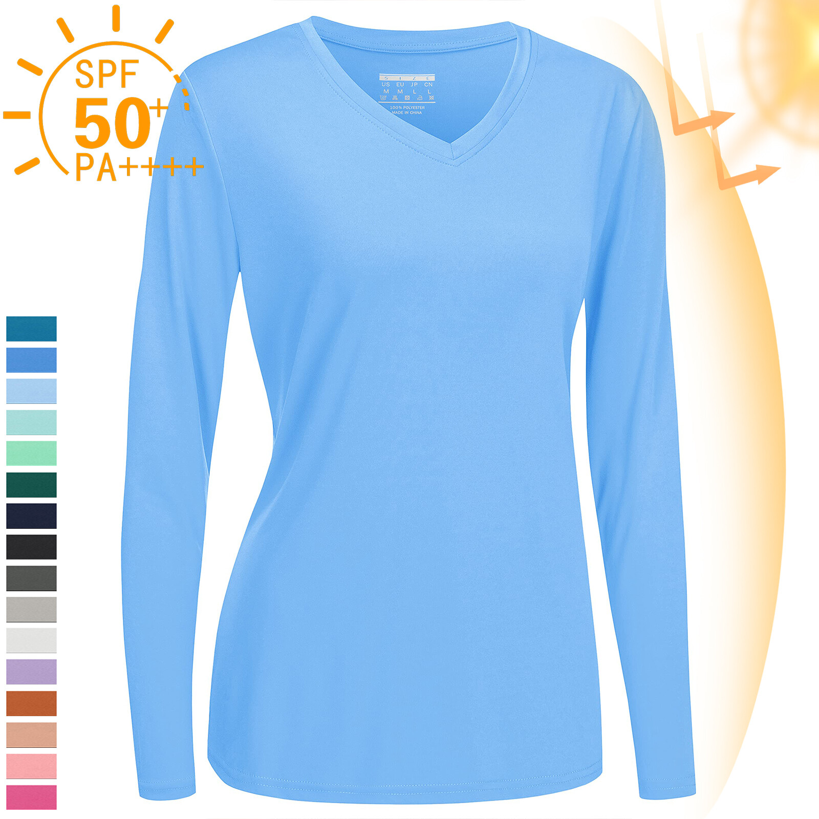 UPF50+ Women's Rash Guard T-Shirts Long Sleeve V-Neck Skin Protection Casual Top