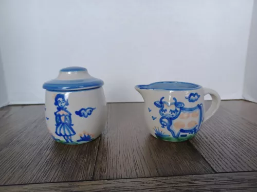 MA Hadley Art Pottery/Stoneware Cow Creamer Farmer's Wife Sugar Bowl & Lid