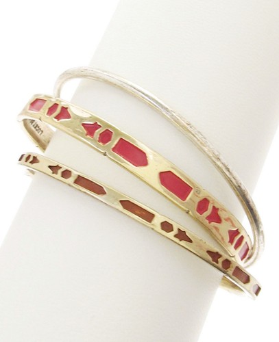 Lucky Brand Red Brown Enamel Two Tone Bangle Bracelet, Set of 3 NWT