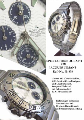 Selten Rarität JACQUES LEMANS Chronograph Herrenuhr massiv Edelstahl JL 878