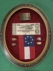 Antique Civil War Display: 4 US/CS Bullets, Richmond $10 Bill, Brass CSA Buckle!