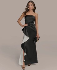 Donna Karan Black Strapless Contrast Ruffle Trim With Slit Gown Size 14 $299