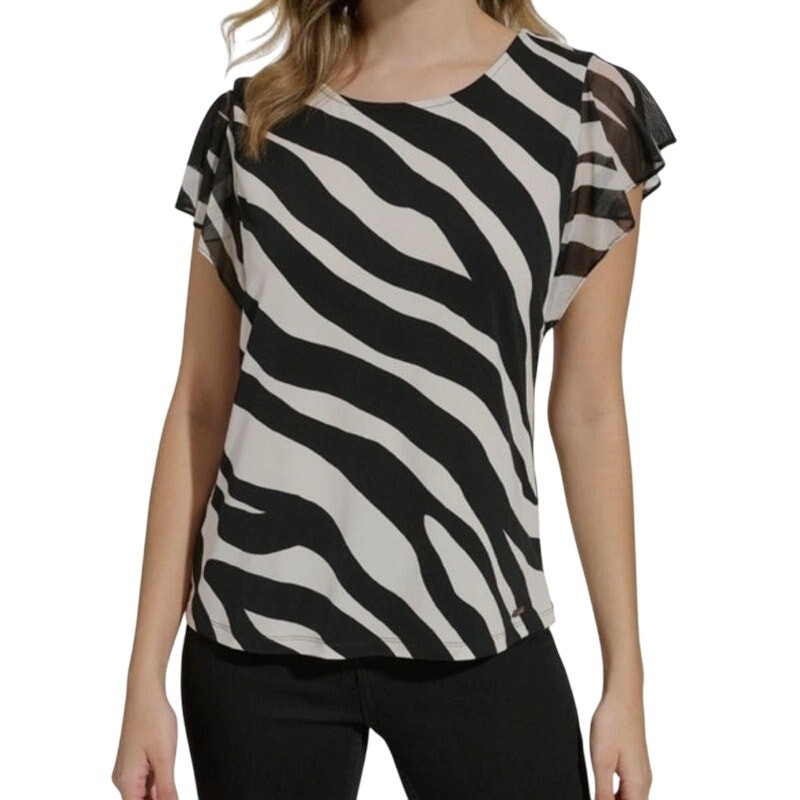 Calvin Klein Women's Flutter Sleeve Top in Black & White Animal Print