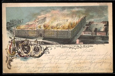 Lithographie Zwickau, Brand der Kaserne d. K.S. Inf.-Reg. No. 1933 1897 