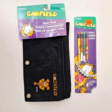 Vintage NEW 1990s Mead Embroidered Garfield Zipper Pouch Black 4 No. 2 Pencils