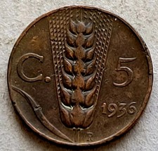 1936 R Italy 5 Centesimi Red Bronze About Uncirculated Coin-Nice  KM#59