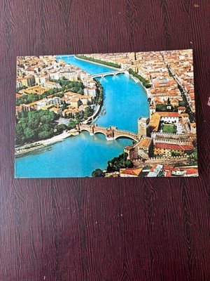 Aerial View, Castelvecchio Bridge, Verona, Italy, Postcard, Adige River