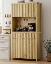 71" Fluted Pantry Cabinet with Charging Station Natrual Adjustable Shelves