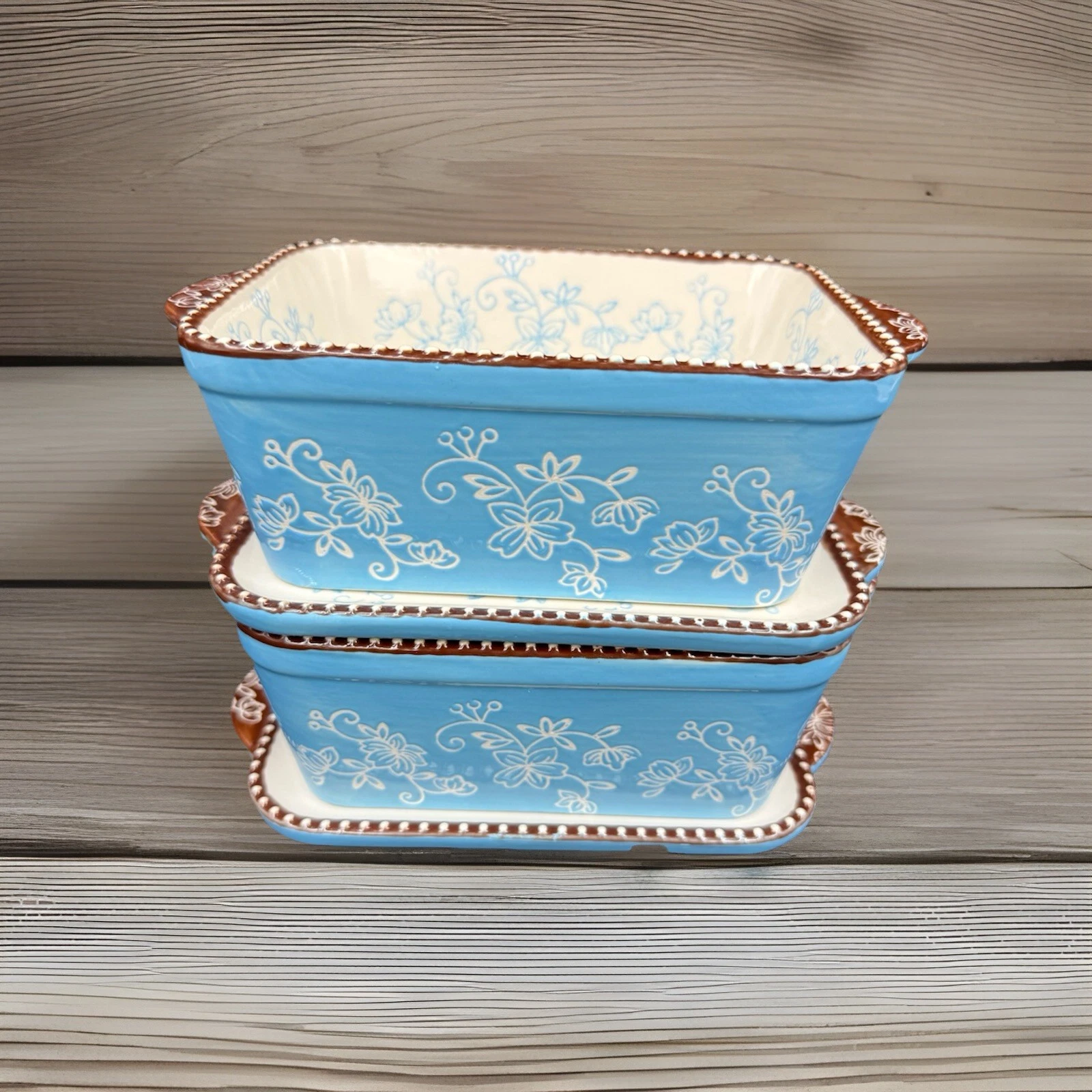 Temptations FLORAL LACE Light Blue 0.75 qt Loaf Pan Baker With Trays Set of 2