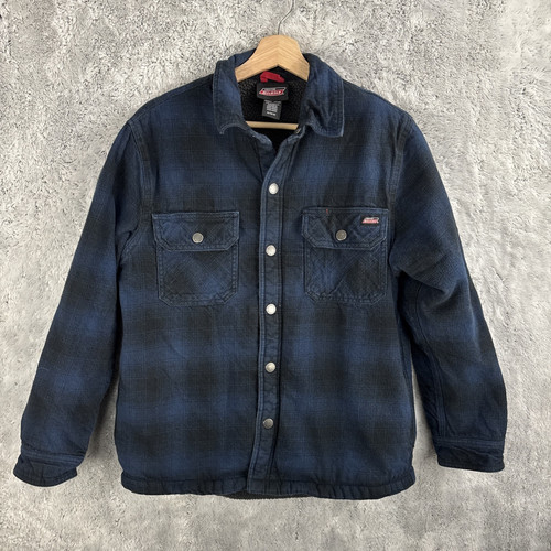 Dickies Jacket Sz Medium Blue Black Plaid Button Up Fleece Lined Utility Grunge