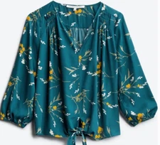 Collective Concepts Naline Pleat Detail Tie Top Womens 2X Blue Floral