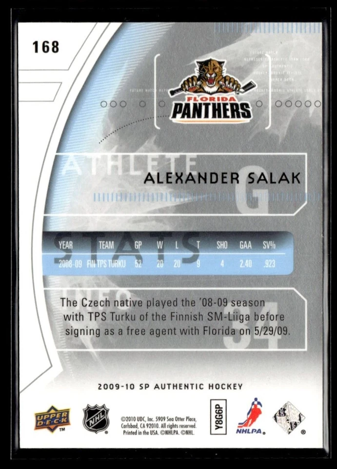 2009-10 SP Authentic Future Watch Alexander Salak RC 818/999 Florida Panthers - Image 2 of 2