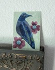 aceo original art, Blackbird with Flower, 2 1/2" x 3 1/2", signed Joni Russell — photo 1