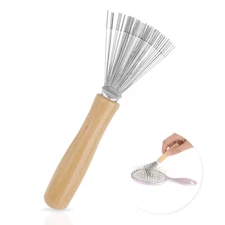 Mini Hair Brush Cleaner Tool with Metal Rake & Wooden Handle for Comb Cleaning