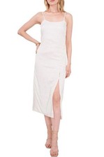 1 State Satin Ivory Midi Slip Dress Front Slit Spaghetti Strap Size 8 Tan Dots