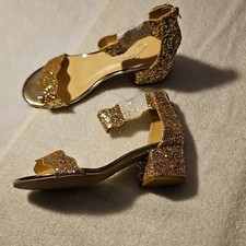 Gold Glitter Synthetic Strappy Block Heel Ankle Strap Open Toe Zip Size 5.5