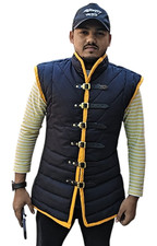 medieval thick padded gambeson black with yellow trim.