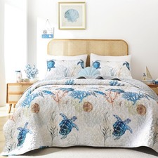Coastal Quilt Set Queen Size - Sea Turtle Ocean Print Lightweight Soft Microfibe
