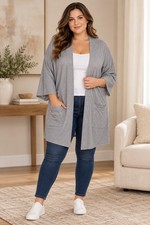 Women's Gray Solid Knit Open Front Cardigan Sweater w/ Pockets 3/4 One Size