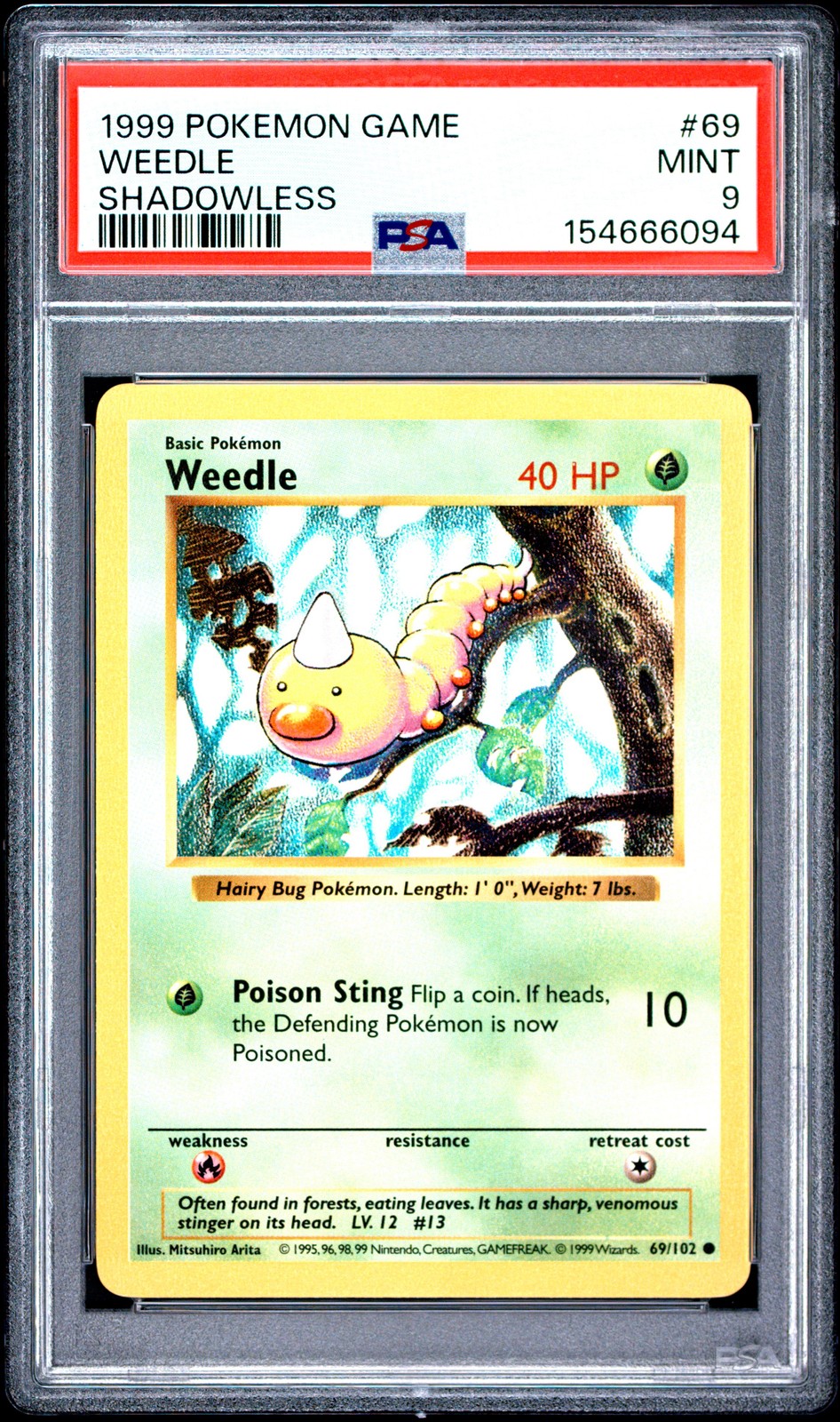 1999 POKEMON BASE SET SHADOWLESS #69 WEEDLE PSA 9