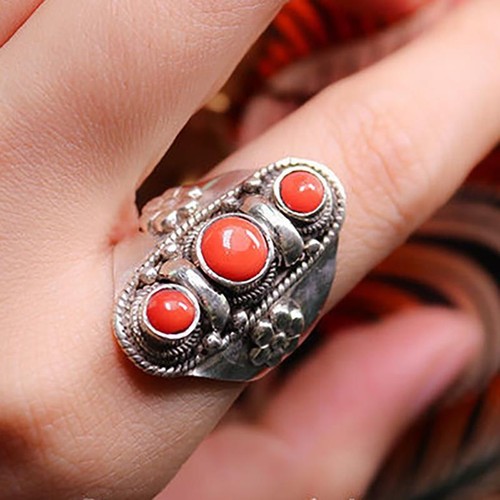 Anello Smalto Nepalese Smalto Rosso Fatto a Mano Vintage Etnico Regolabile Gioielli - Foto 5 di 5