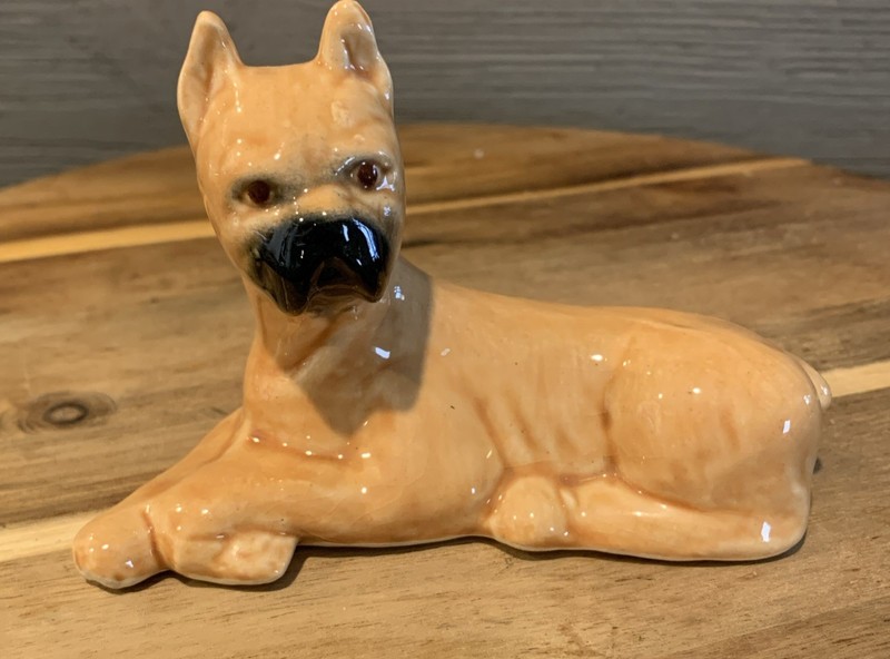 Boxer Dog~Figurine~Fawn Light Tan Black~Laying~4 1/2 " w x 3" h~Glossy~Porcelain