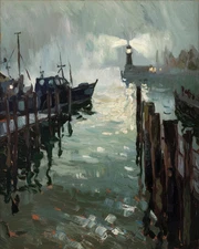 Foggy Harbor with Lighthouse | Impressionist Coastal Art Print Museum Art