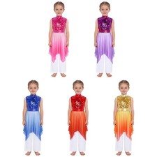 Girls Worship Asymmetrical Hem Dress Outfits Praise Dance Sequins Shiny Tunic