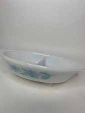 Vintage Glass bake Made In USA Divided Casserole Dish White With Blue