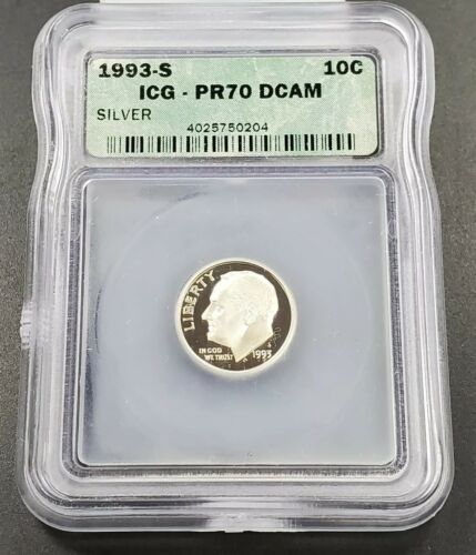 1993 S Roosevelt Silver Dime Proof Coin Vintage ICG PR70 DCAM Deep Cameo Gem - Picture 1 of 4