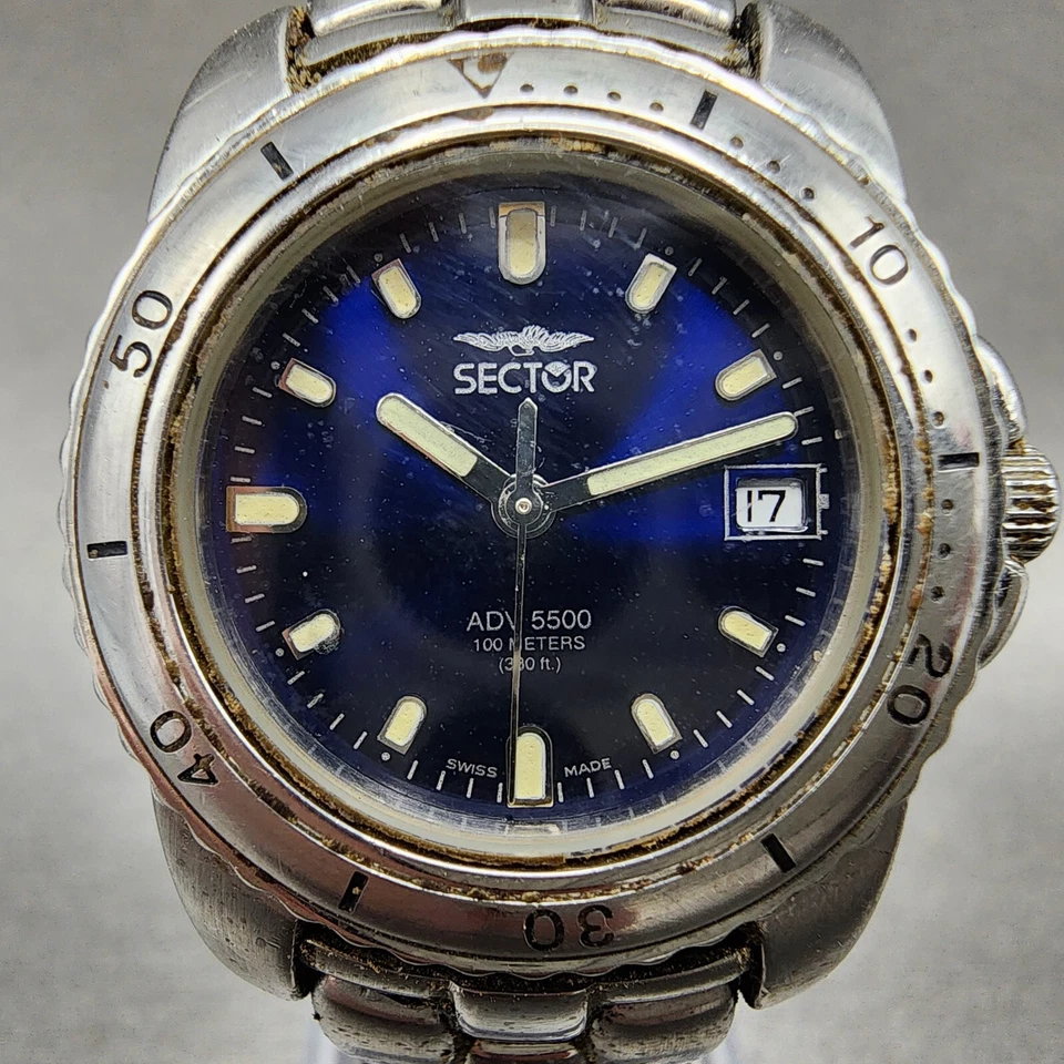 Reloj de buceo Sector ADV 5500 para mujer 29 mm esfera azul acero fecha redondo batería nueva Foto 2 de 4