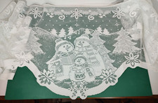 Winter White Lace Table Runner w/ Snowman Candy Canes Trees Christmas 10" X 96"