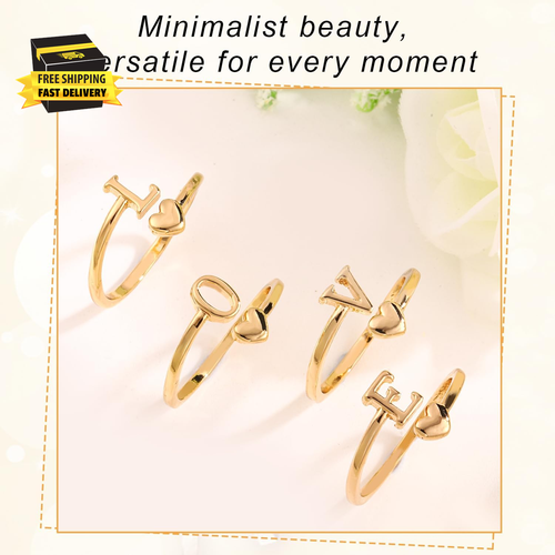 Heart Initial Stackable Rings, Adjustable Pinky Rings Cute Capital Letter Rings - Picture 3 of 7