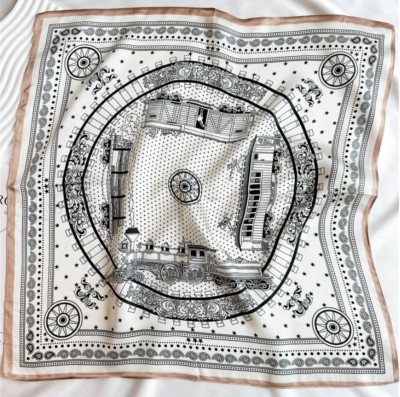 100% mulberry silk train track beige printed square scarf 53cm